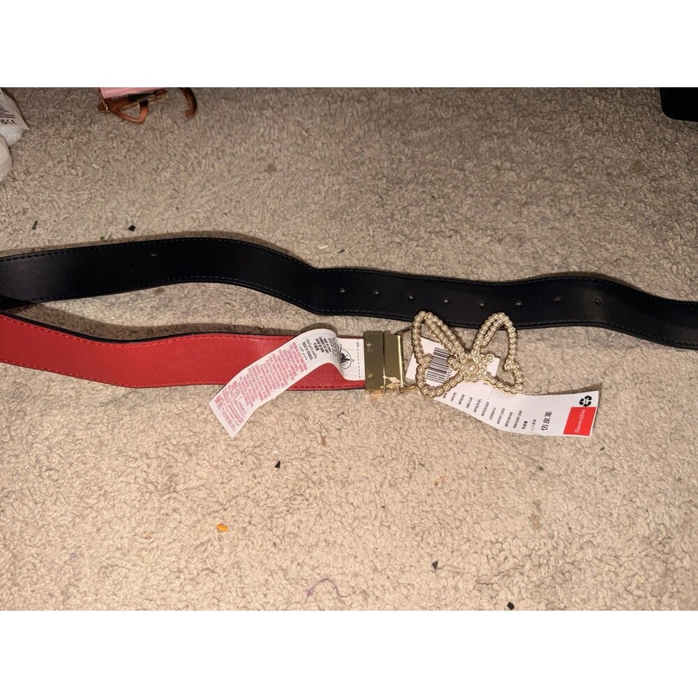 Disney Parks Minnie Mouse Faux Pearl Bow Belt Black Red Reversible XS-M
